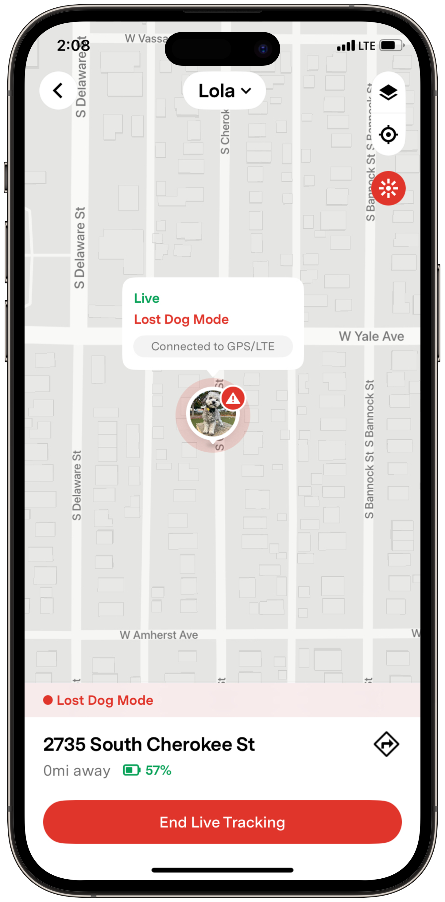 Live map in Lost Mode showing real-time GPS location, address, battery percentage, and an 'End Live Tracking' button