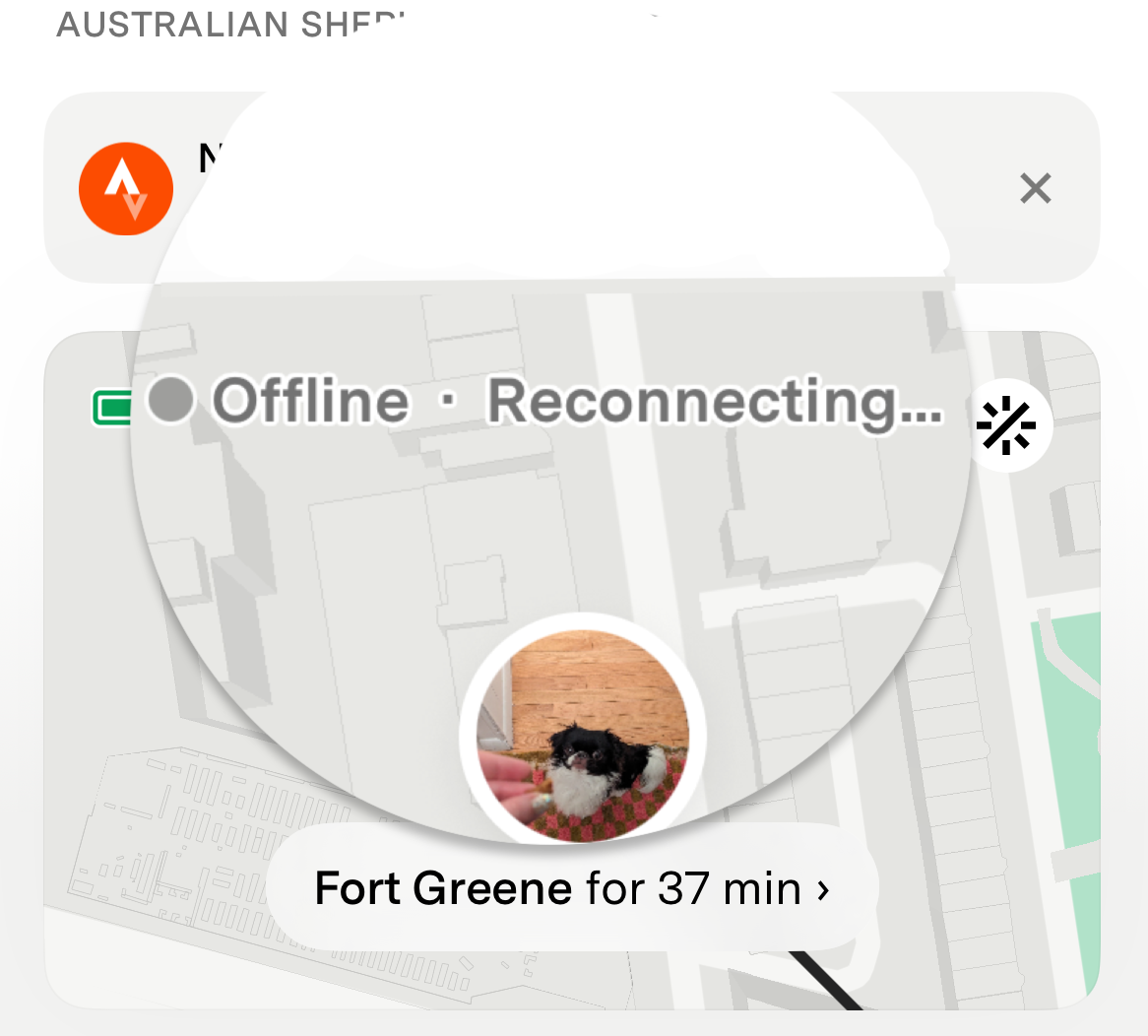 Live map showing a dog's location with 'Offline · Reconnecting...' status banner at the top
