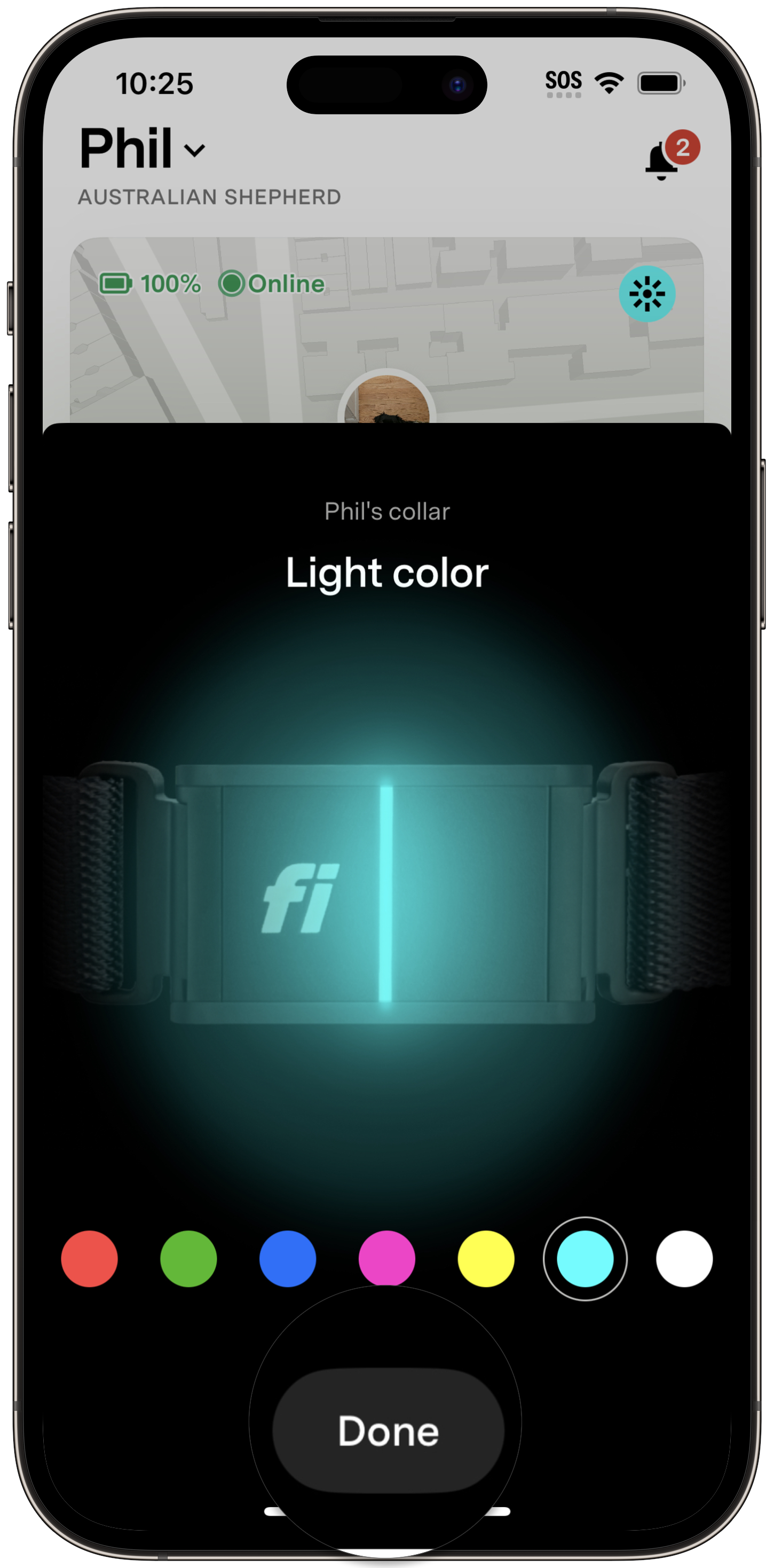 Fi app Light color picker showing a glowing teal Fi device with color options and a Done button