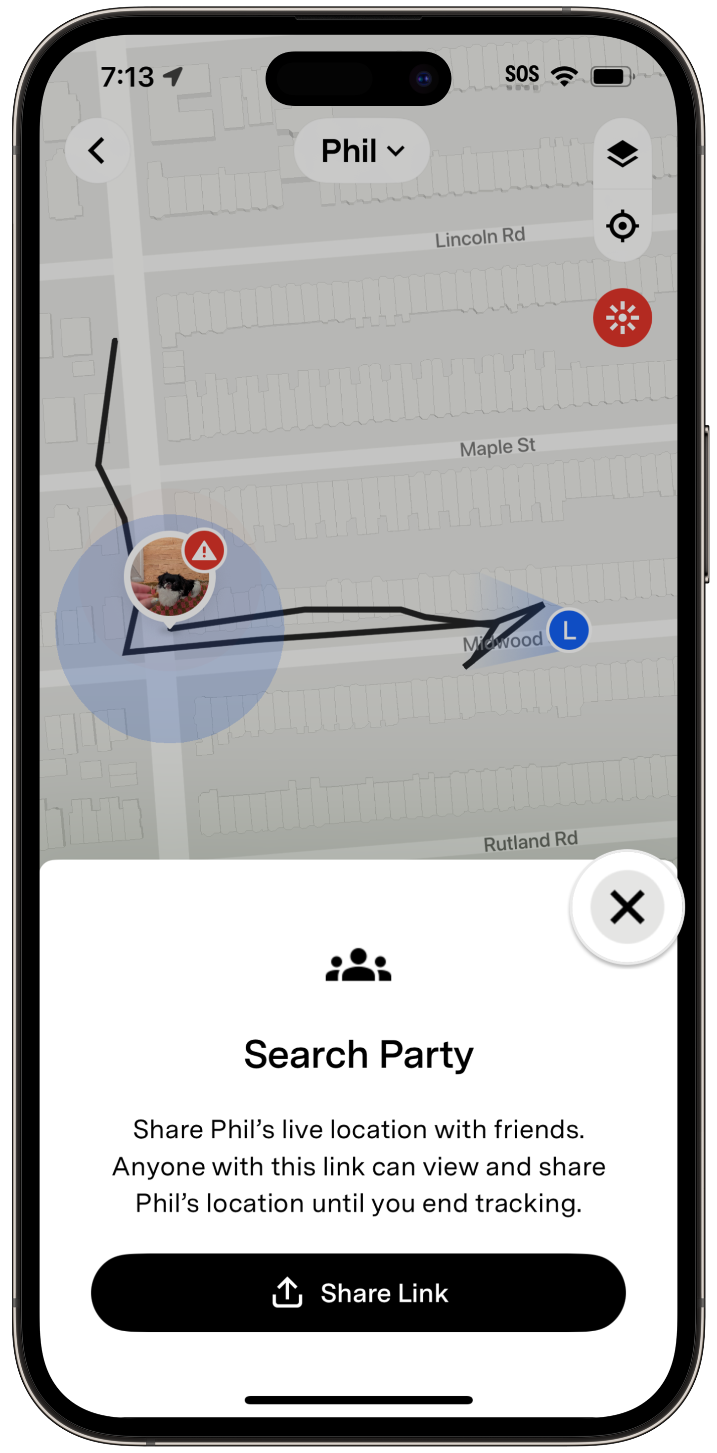 Fi app Search Party prompt showing the full share description and Share Link button to share a pet's live location