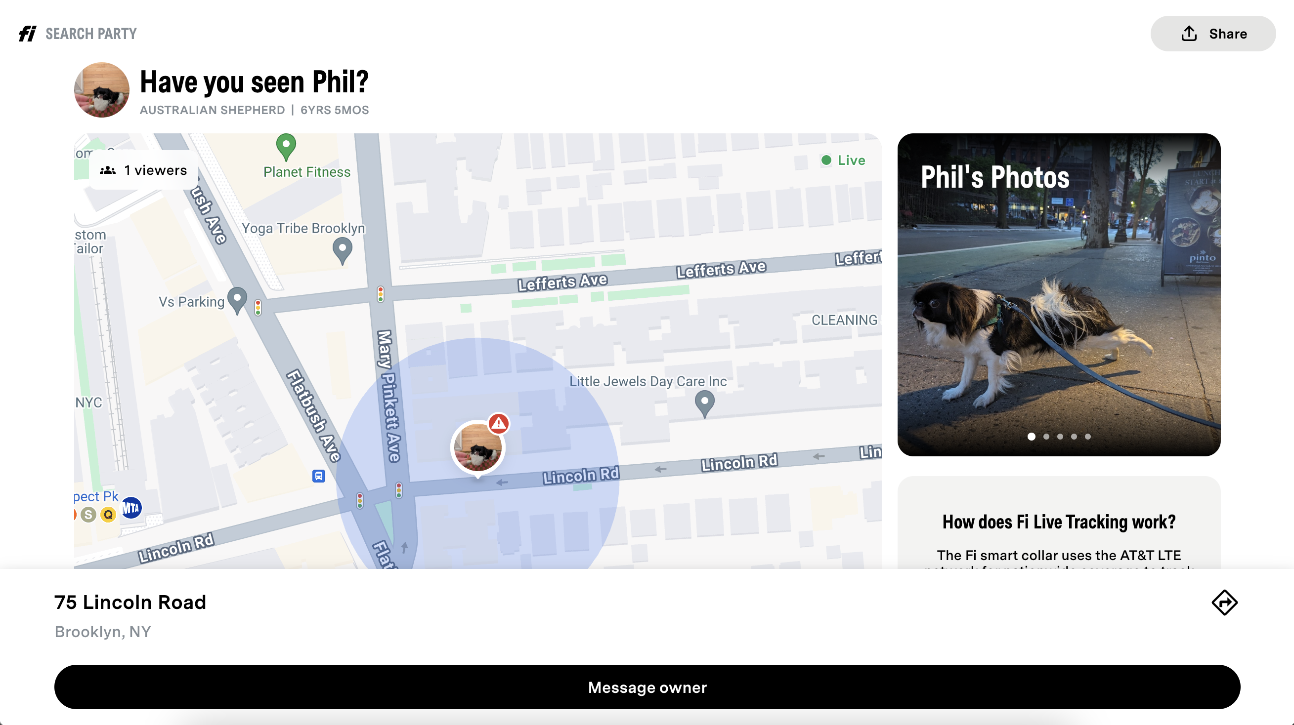Search Party computer/desktop view showing a live map with the dog's location, their photos, and a 'Message owner' button