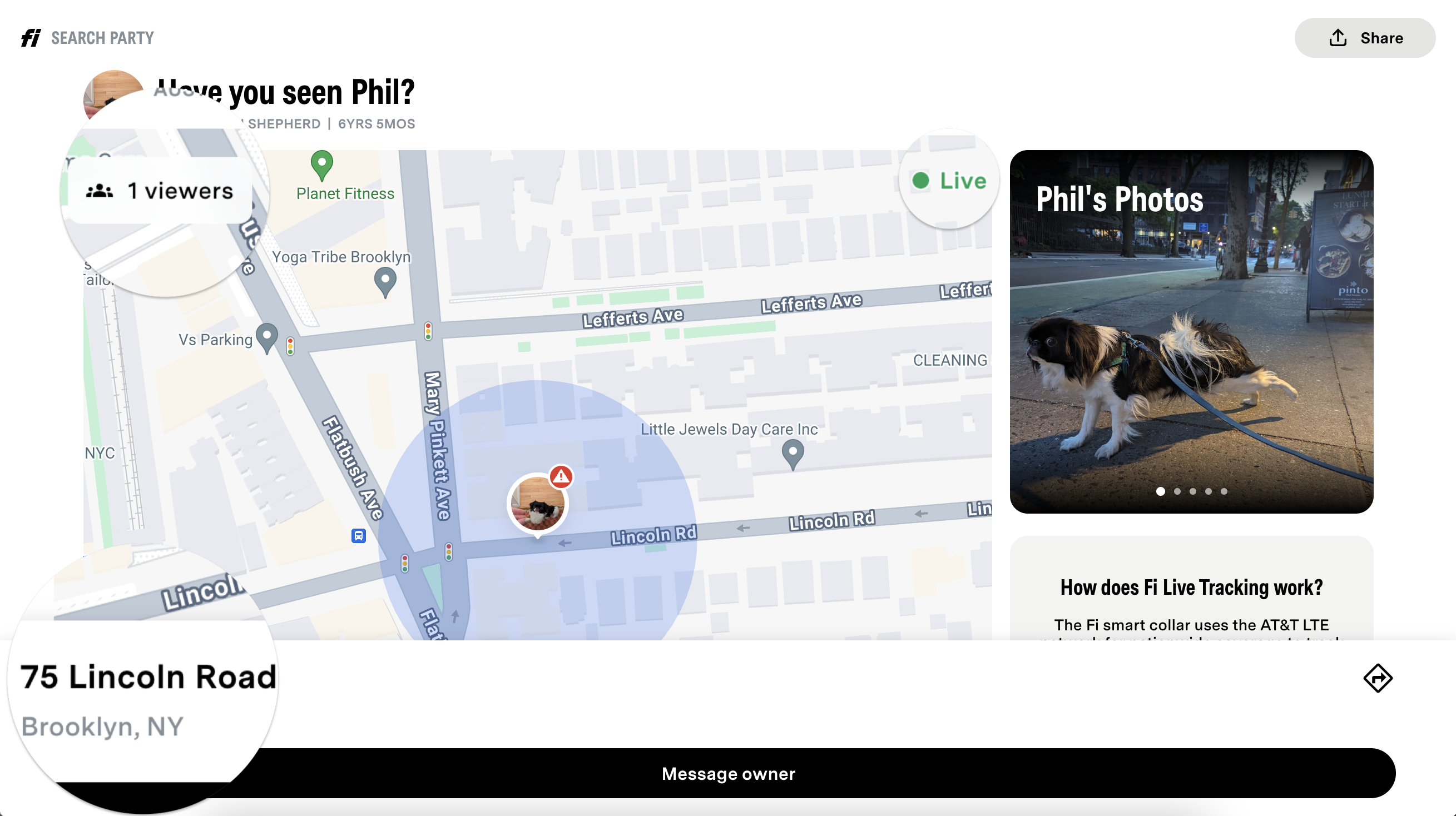 Fi Search Party web page showing a lost pet's live location on a map, pet photos, and a Message owner button