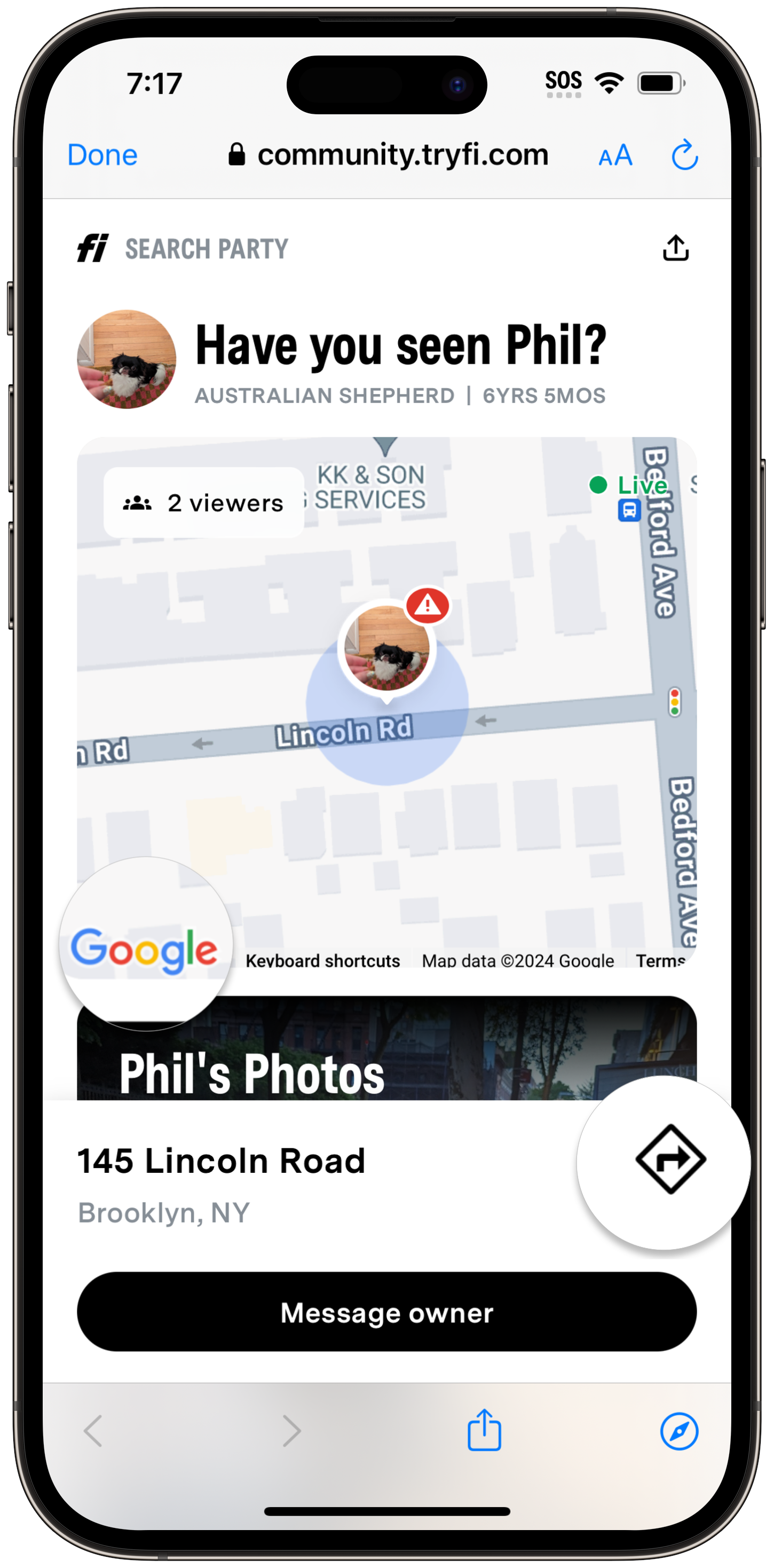 Fi Search Party page viewed in mobile browser showing a lost pet's live map location and a Message owner button