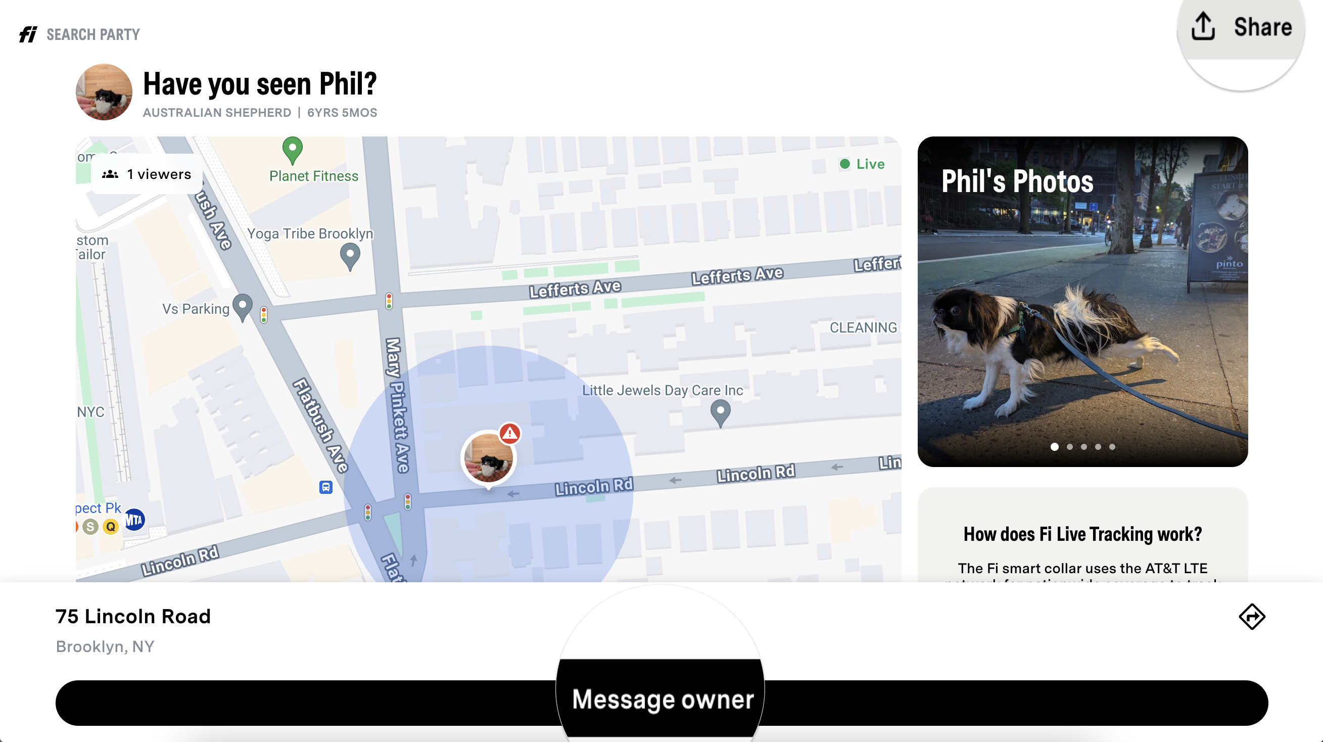 Fi Search Party web page showing a lost pet's live location on a map, pet photos, and a Message owner button
