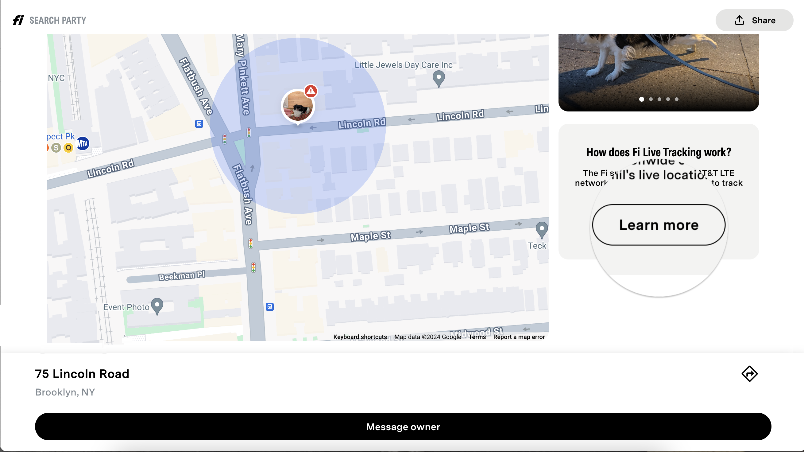 Fi Search Party web page scrolled down showing the live map zoomed in on a lost pet's location and a Learn more panel