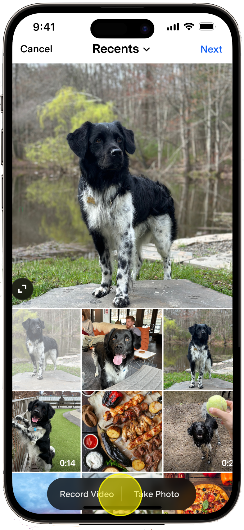 Camera roll and photo picker screen with 'Record Video' and 'Take Photo' options