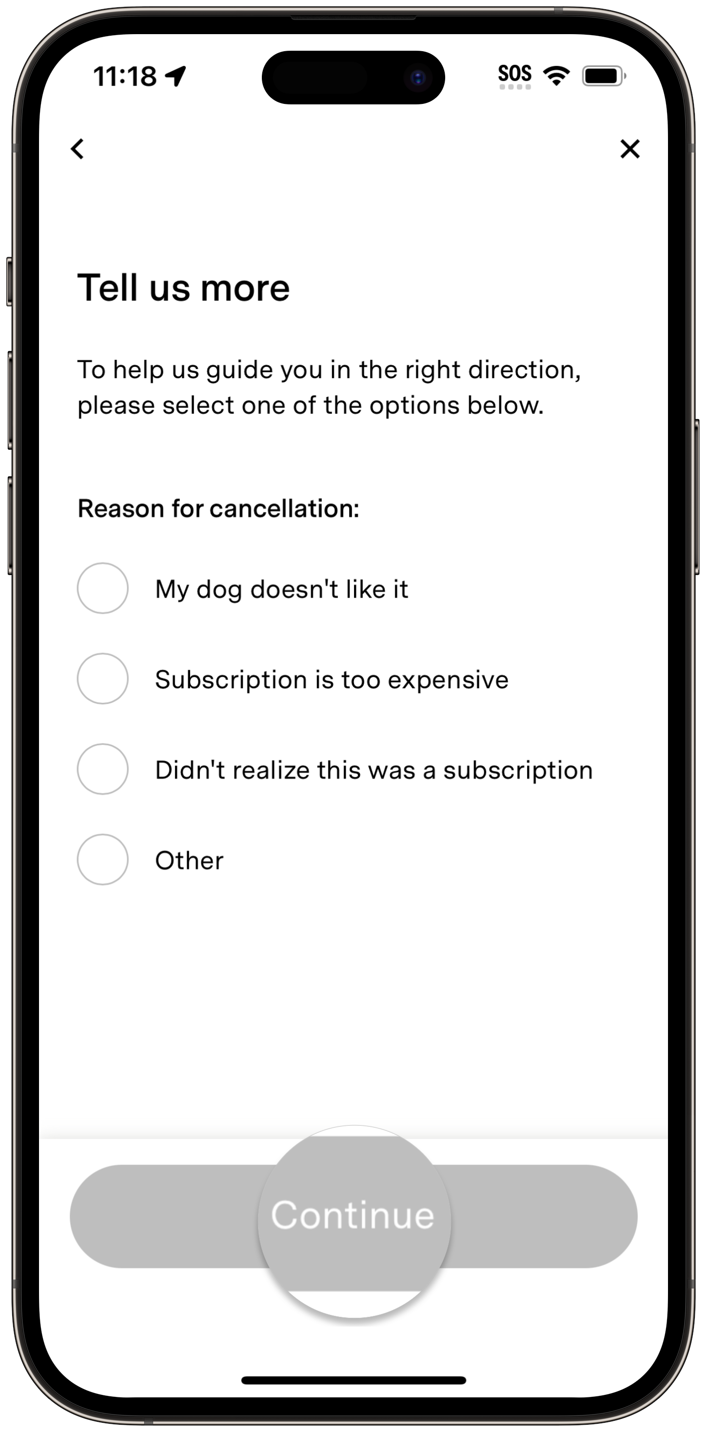 "'Tell us more' cancellation screen asking for a reason before canceling a supplements subscription