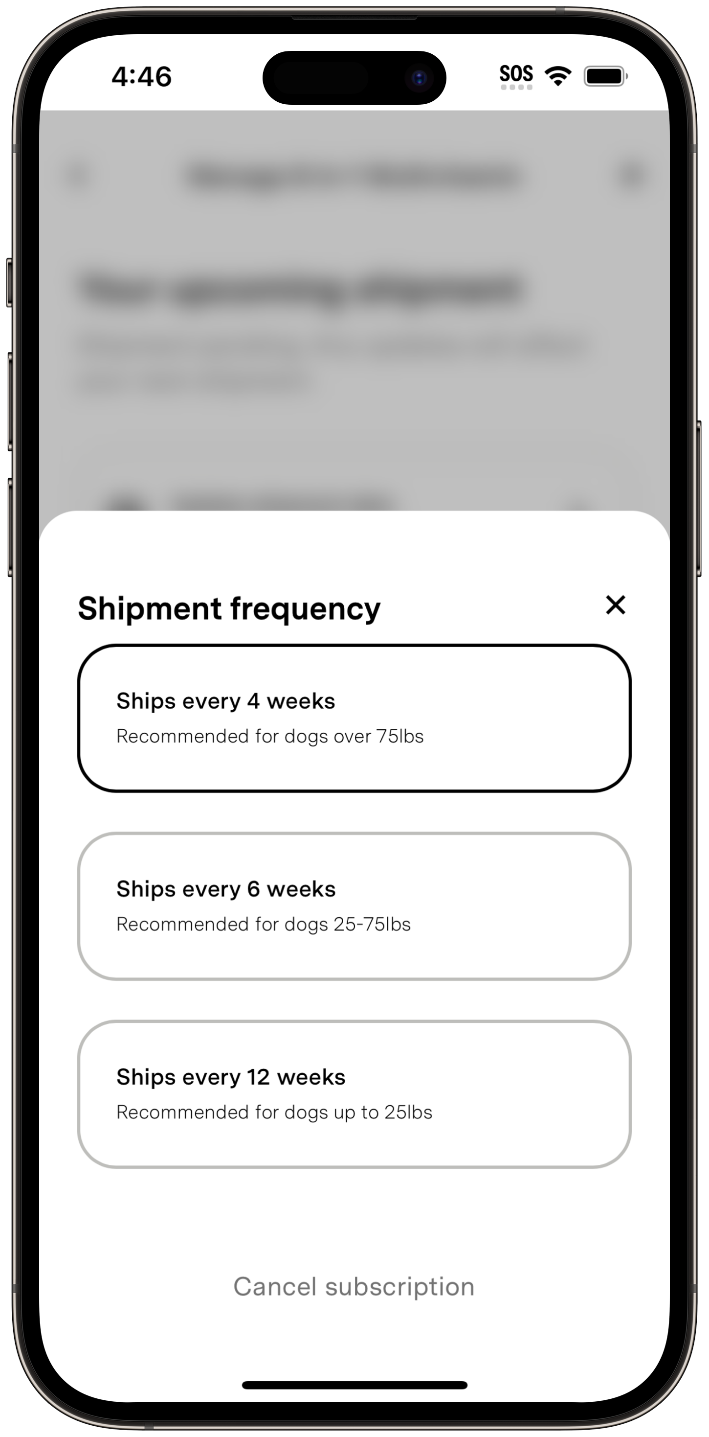 Shipment frequency selector showing options like 'Ships every 4 weeks' and 'Ships every 6 weeks