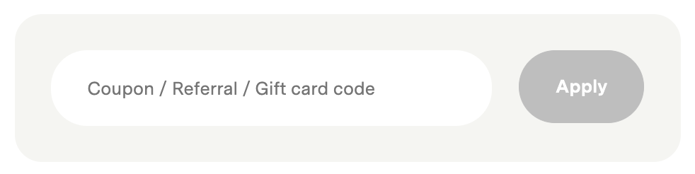 The checkout page showing the Coupon, Referral, and Gift card code entry field with an Apply button.