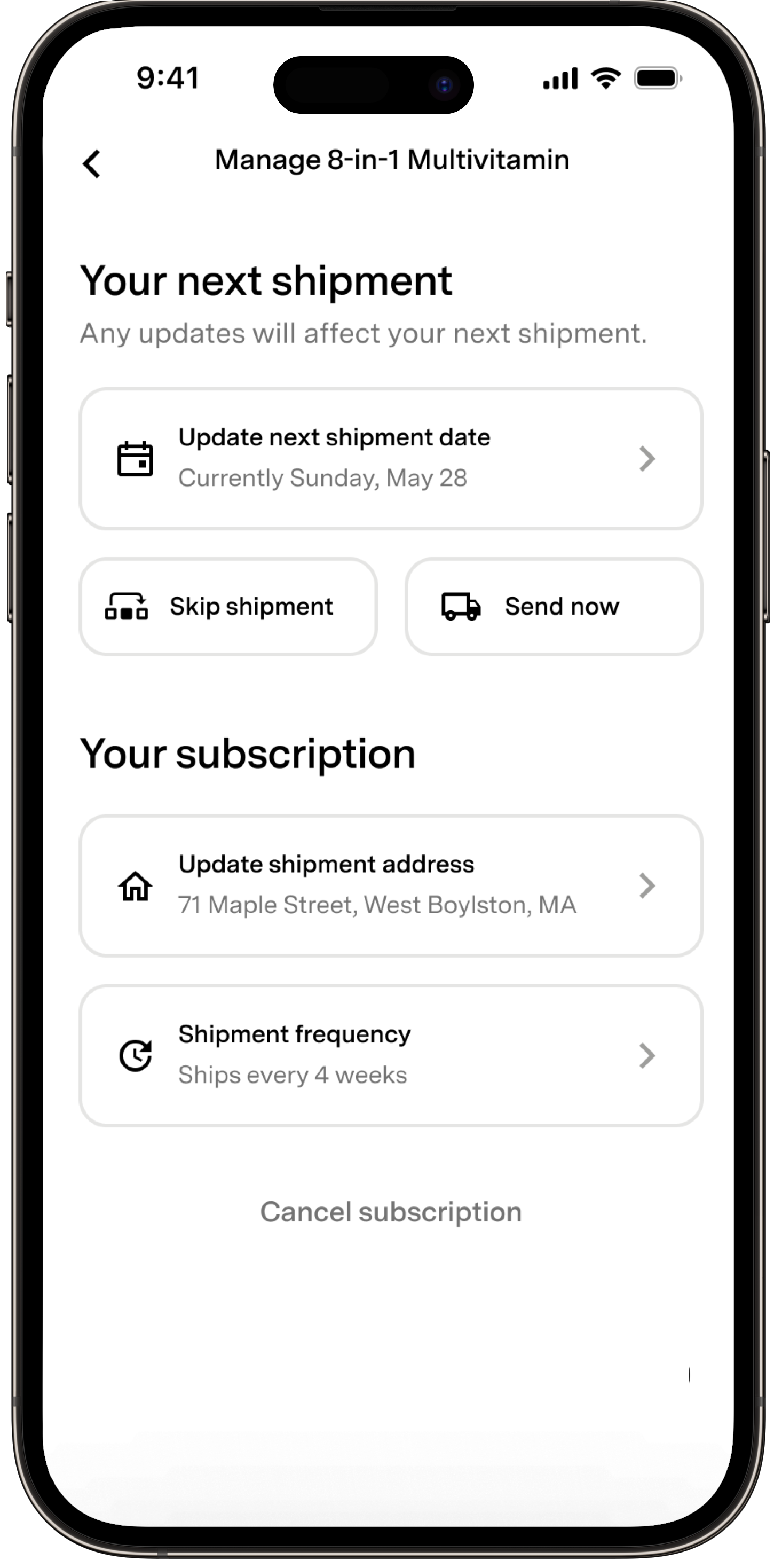 Fi app Manage 8-in-1 Multivitamin screen showing shipment date, skip and send options, address, frequency, and cancel