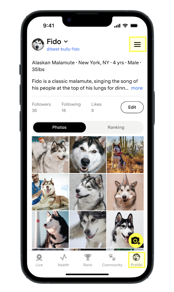 Fi app Profile tab showing a pet profile page with photos grid, follower stats, and the menu icon highlighted