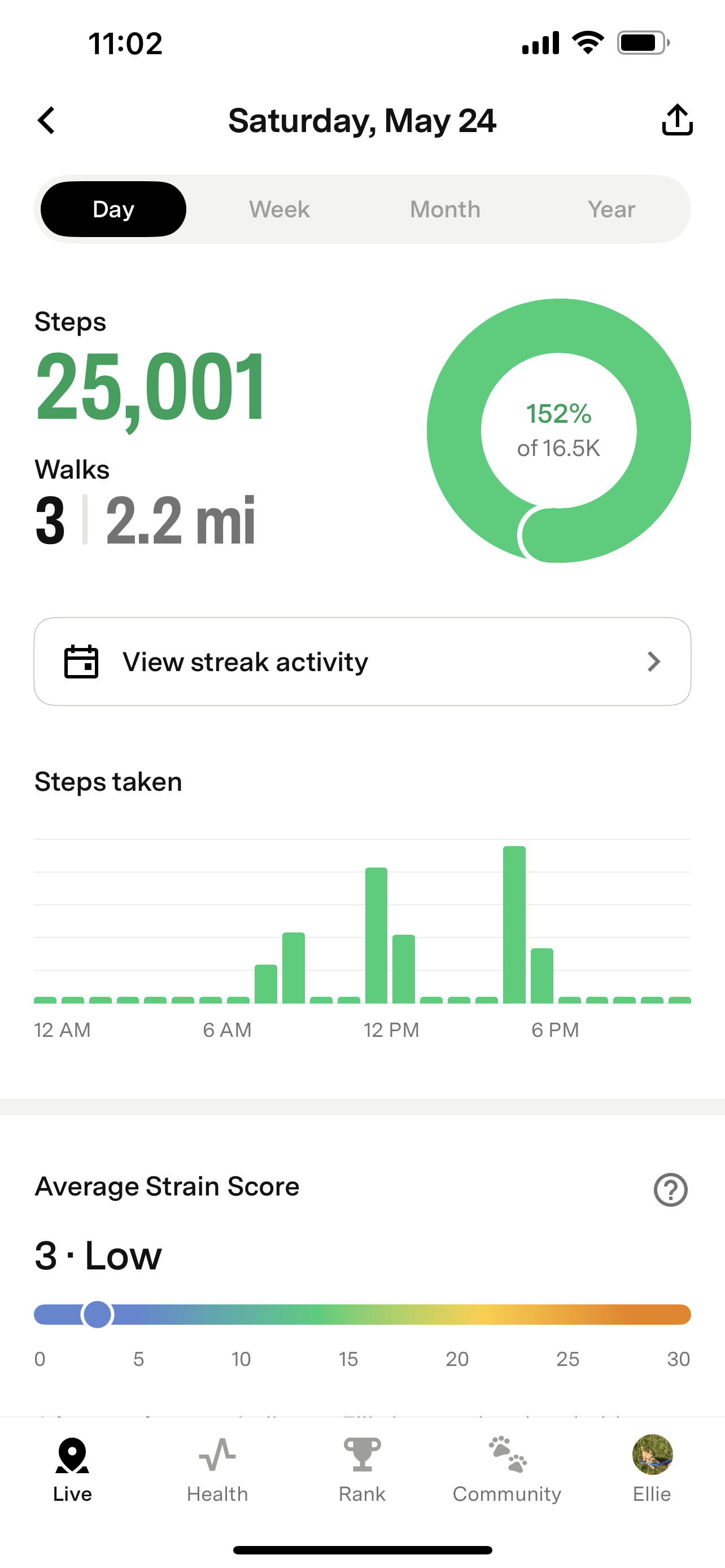 Activity details page showing 25,001 steps and average strain score chart 
