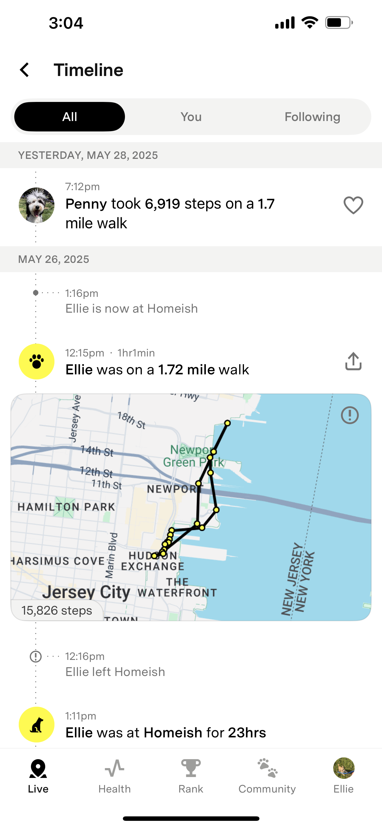 Timeline screen showing a follower's walk activity with a map and heart icon to like the walk