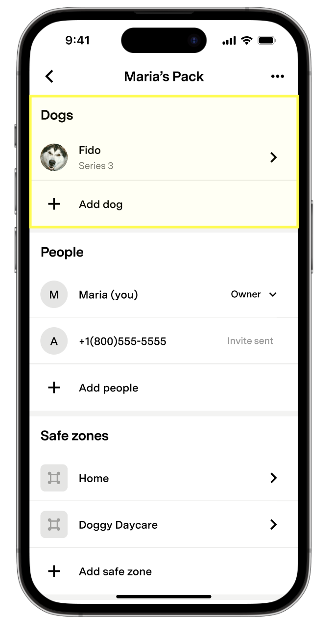 Dogs section of Pack Settings
