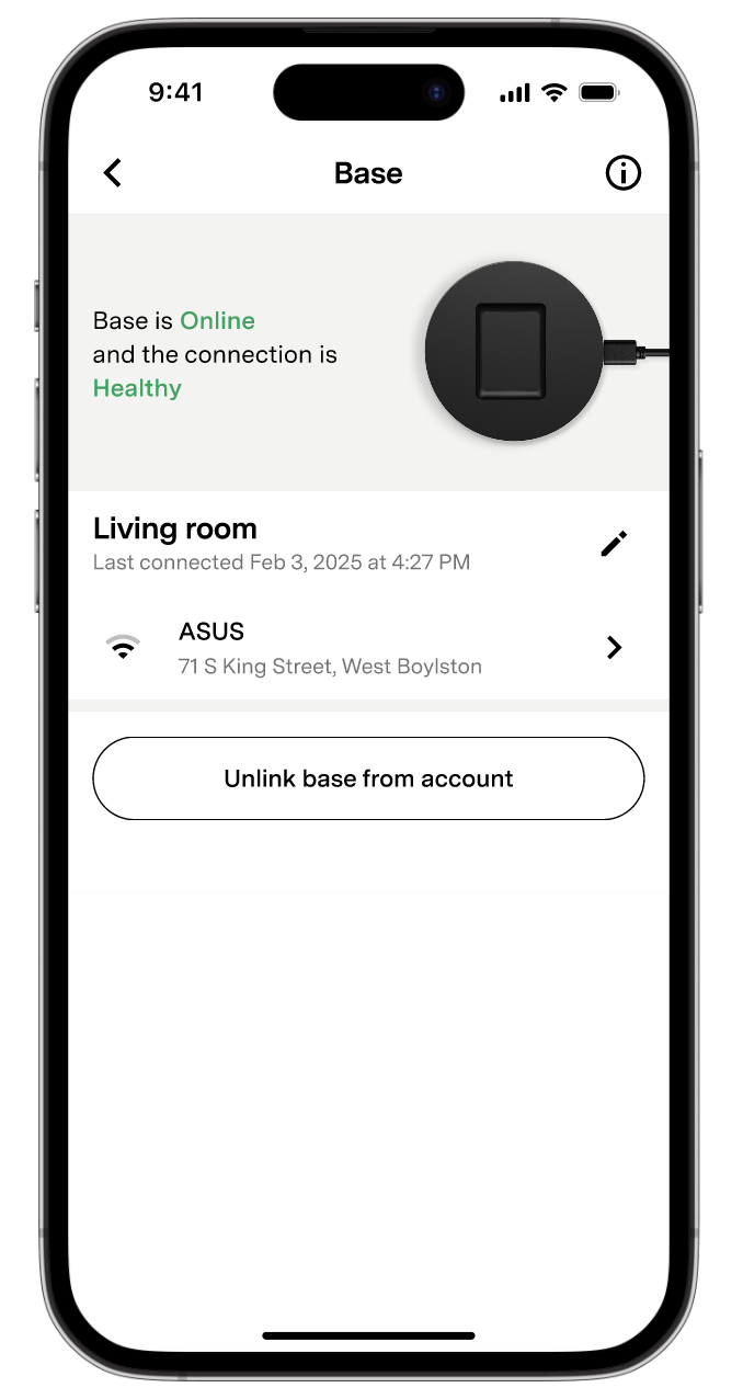 Fi app Base detail screen showing the Base is Online, location, Wi-Fi network, and the unlink option