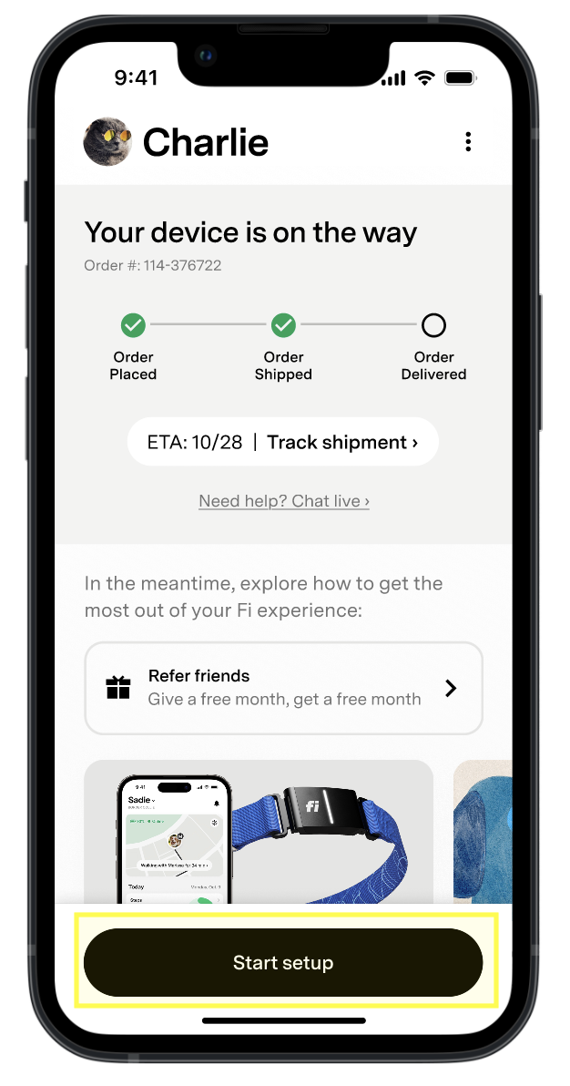 Start setup highlighted in app