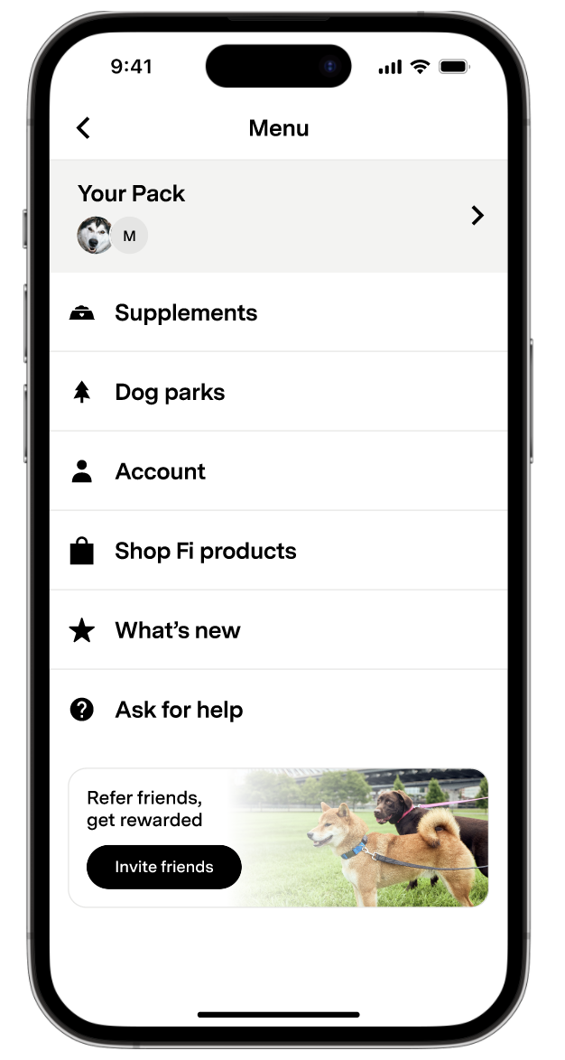 Fi app Menu screen showing navigation options including Your Pack, Account, Shop Fi products, and a referral banner