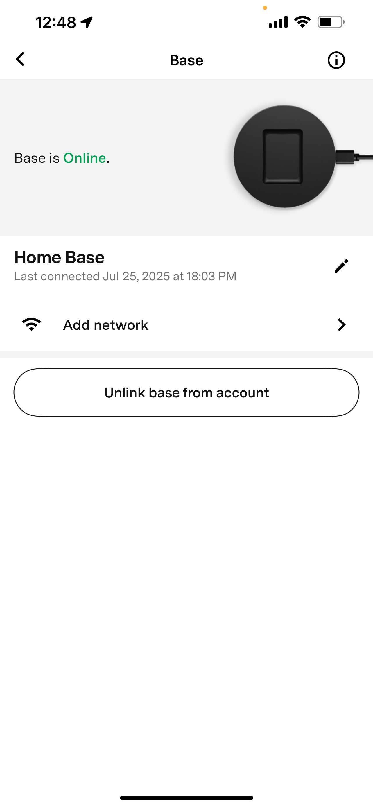 Fi Base settings screen showing the base is Online, with options to Add network and Unlink base from account