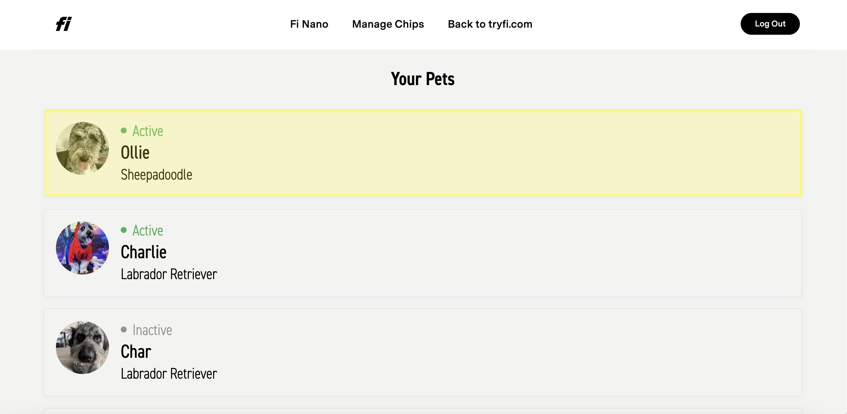 Your Pets page on Fi Nano website