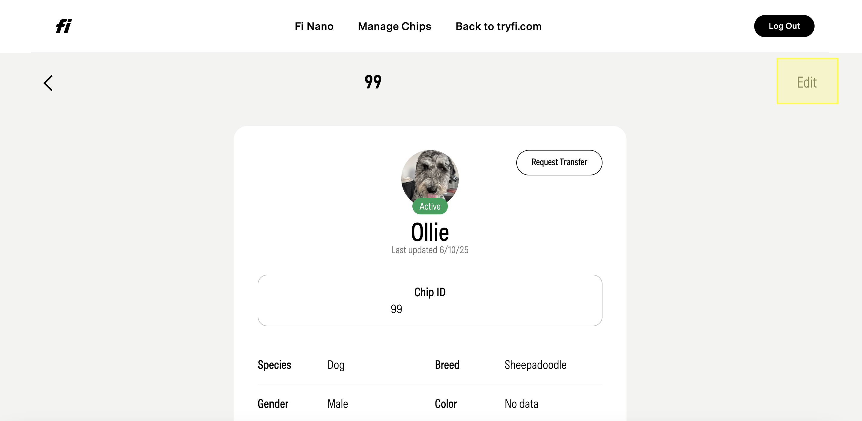 Pet page in Fi Nano account