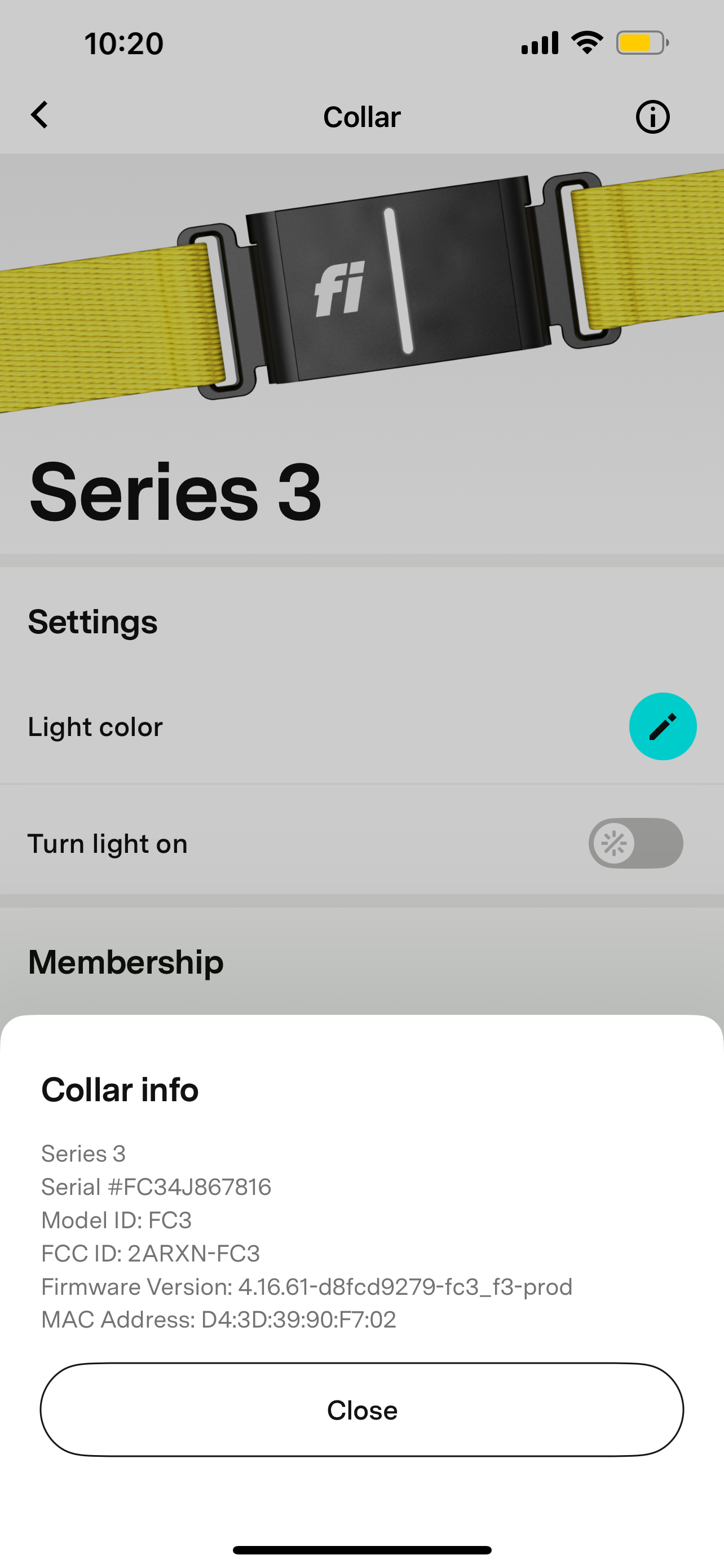Device/collar information pop up