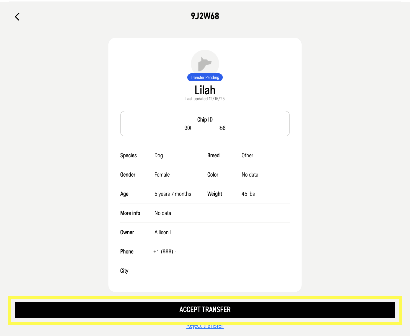 Accept transfer highlighted