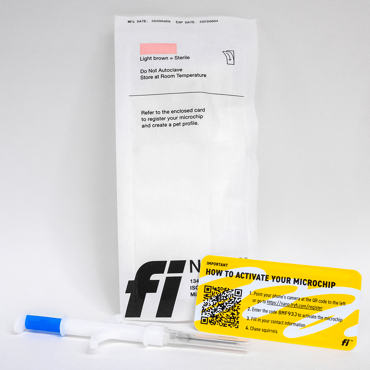 Fi Nano microchip kit showing a sterile syringe, sealed packaging, and an activation card with registration instructions