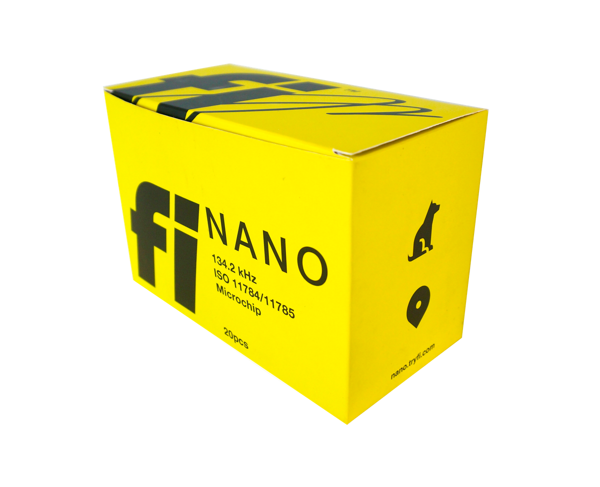 Fi Nano microchip packaging showing a box of 20 standard microchips