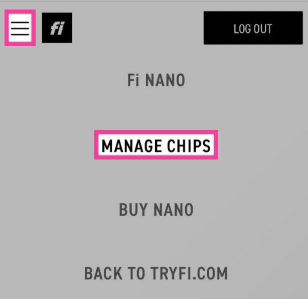 Manage Chips menu option shown in the Fi Nano portal navigation