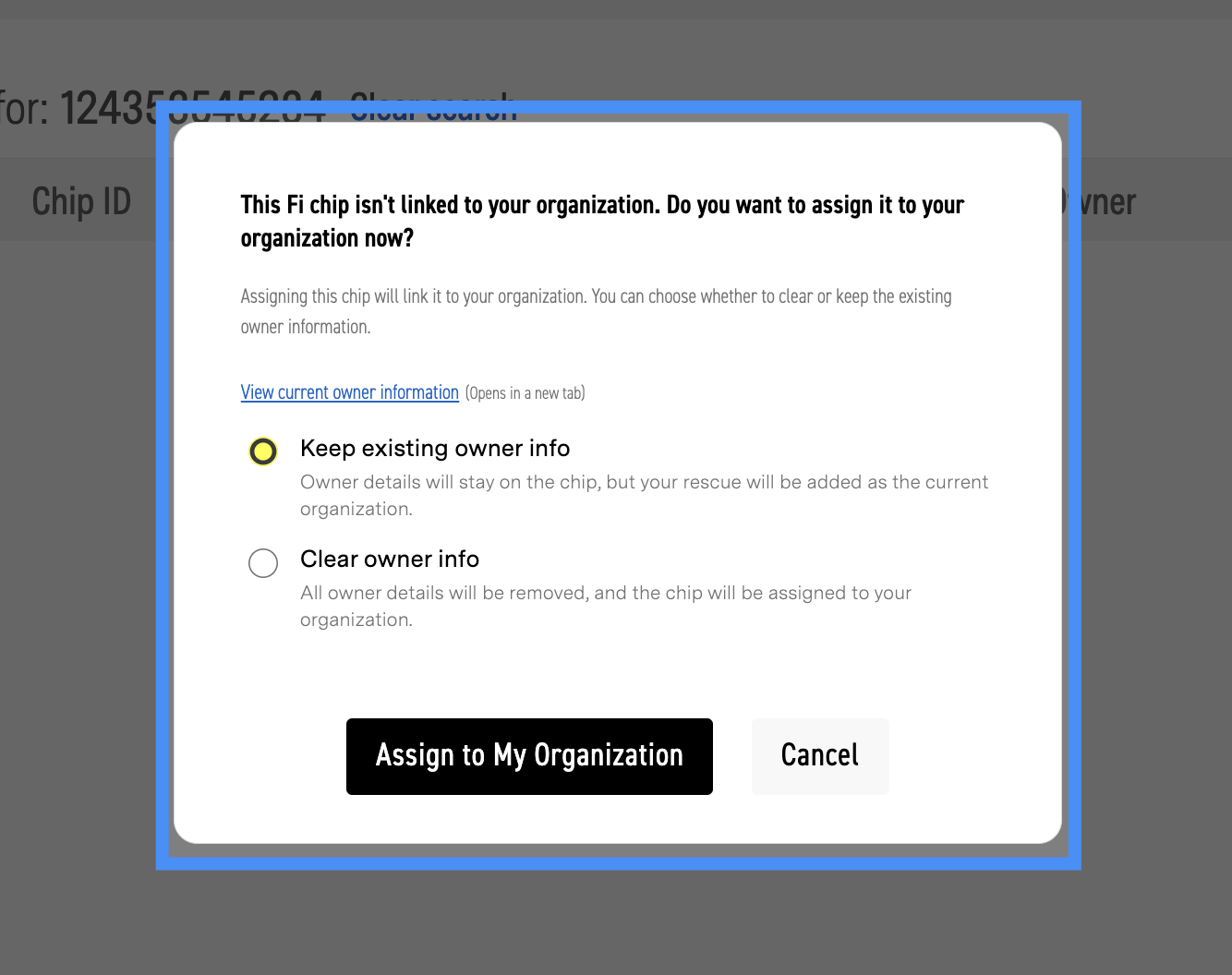 Assign to my organization options on website