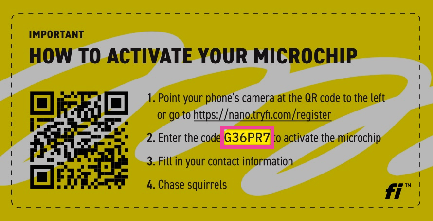 Yellow QR card provided by the Nano Partner at the time of microchipping