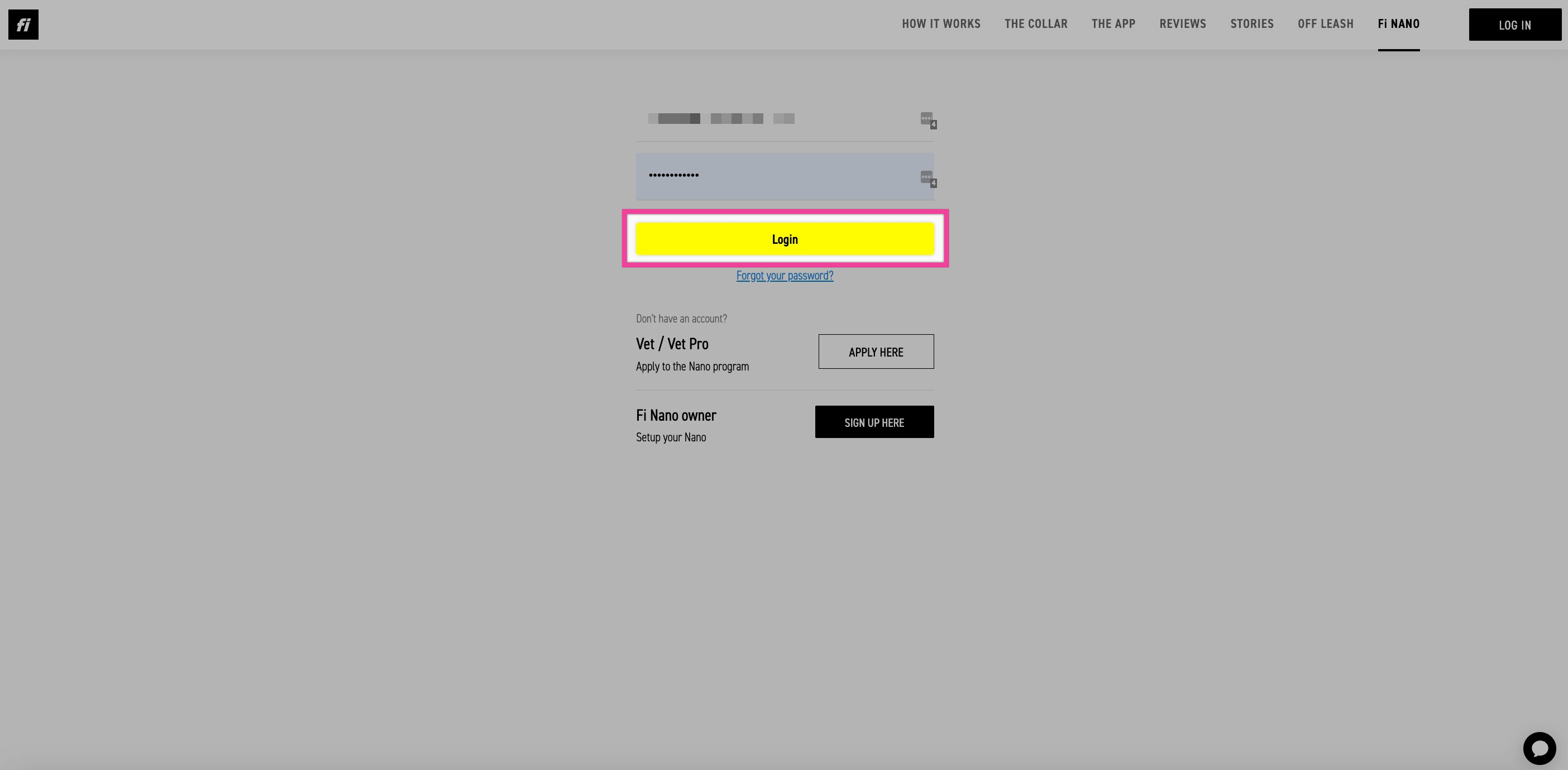 Login screen for the Fi Nano registration portal showing email and password fields