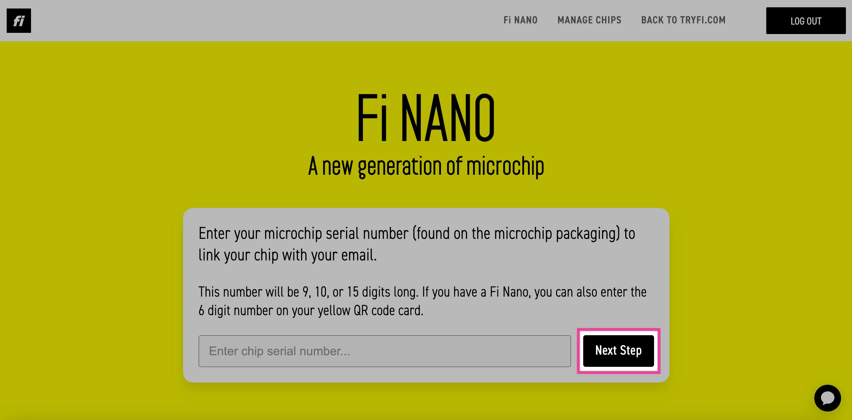 Registration form field for entering the microchip serial number