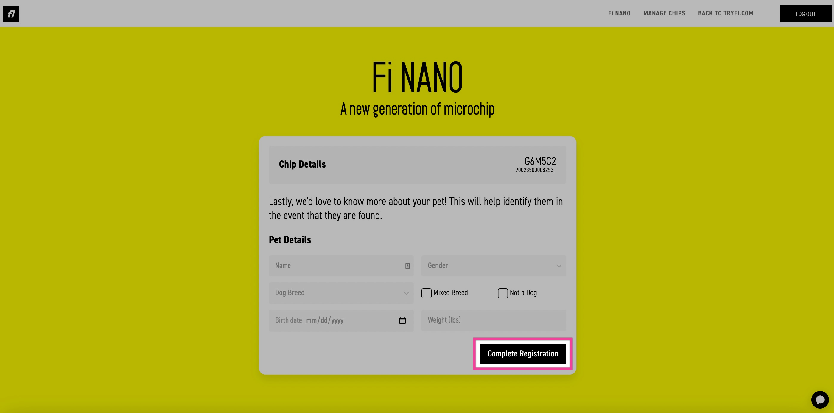 Pet details form with fields for pet name, species, and breed