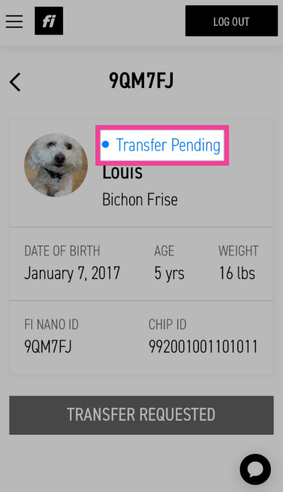 Mobile screen showing Transfer Pending status after completing microchip registration