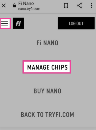 Mobile menu showing the Manage Chips option in the navigation