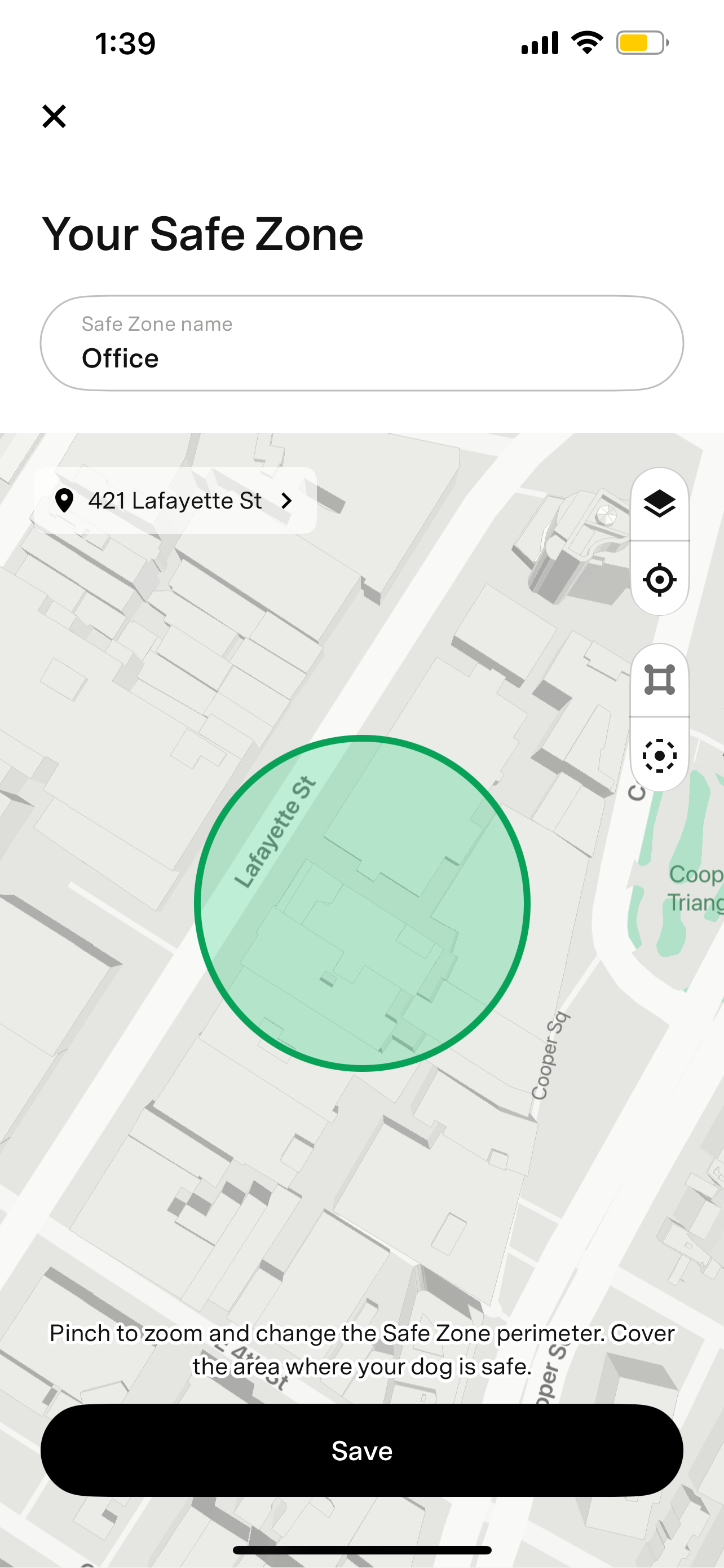 Safe zone shape editing view