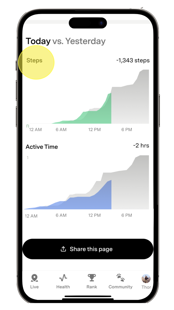 Activity Time Chart showing current steps in green and past step count in grey