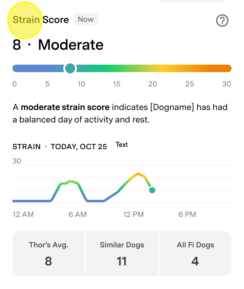 Fi App Strain Score screen showing the daily Strain Score for the selected time period