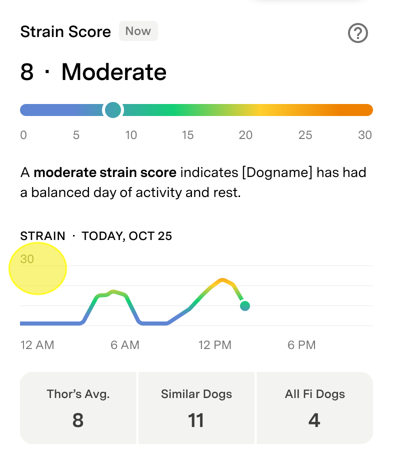 Fi App Strain Score Chart with a daily strain graph and comparisons to similar pets and all Fi pets