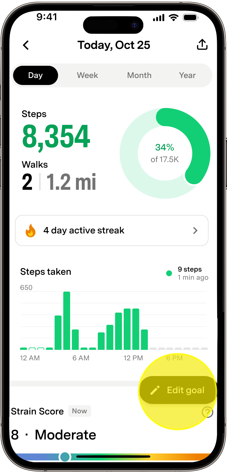 Activity Summary with the Edit Goal option for customising the Step Goal