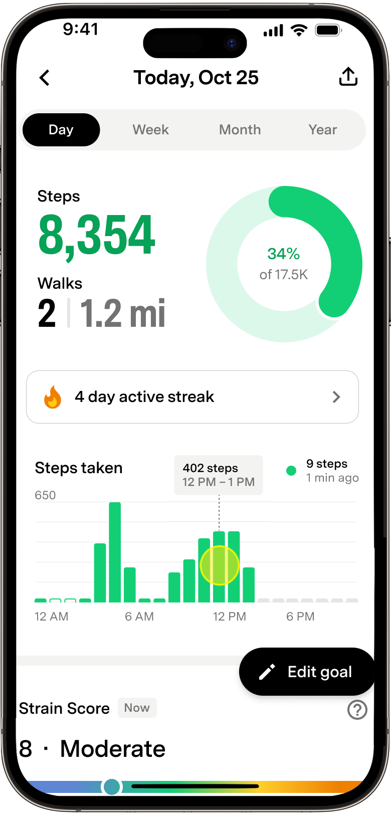 Step Chart detail view showing steps taken when a bar is tapped