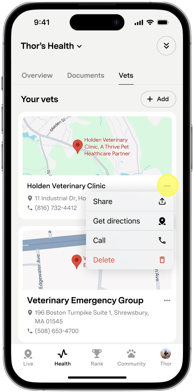 Health Tab Vet options menu showing share, directions, call, and delete actions