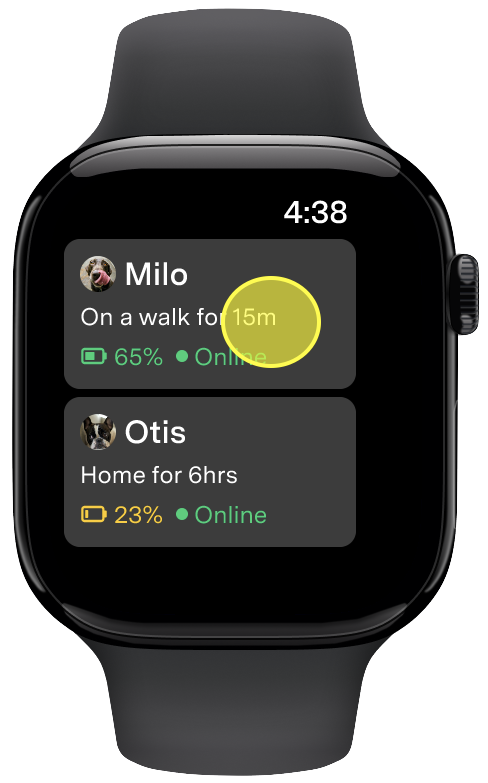 Pet profile card highlighted in the Apple Watch profile list