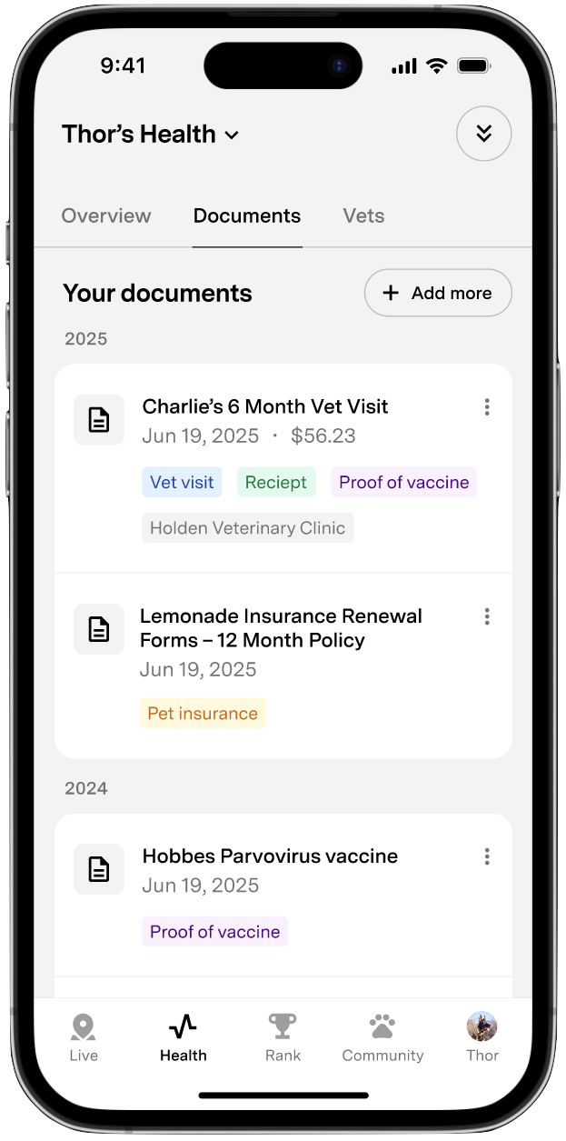 Documents section of the Health Tab showing uploaded vet records and vaccination details