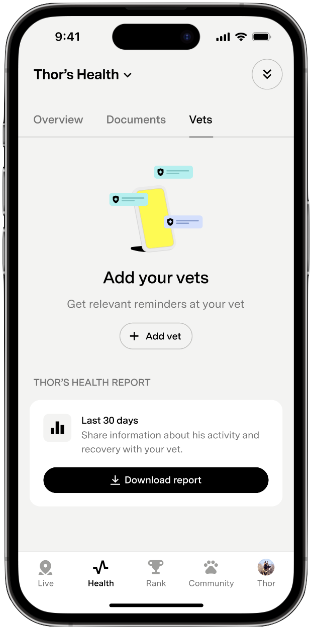 Pantalla de la pestaña Salud que muestra la página de Veterinarios