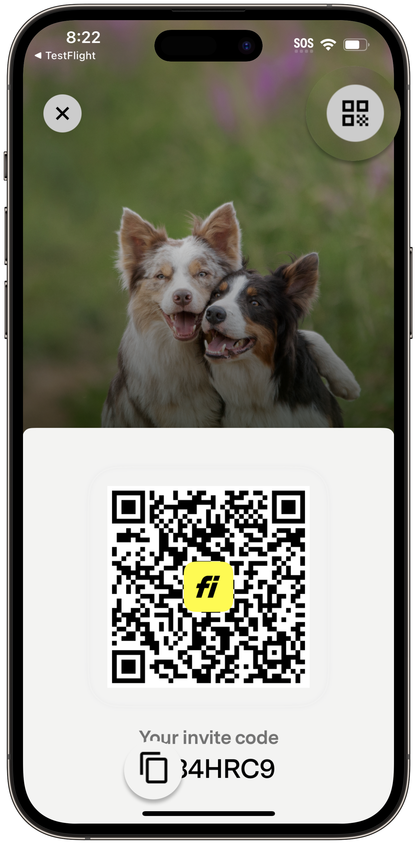 Fi-App-Empfehlungsbildschirm mit QR-Code, Fi-Logo und persönlichem Einladungscode zum Teilen mit Freunden
