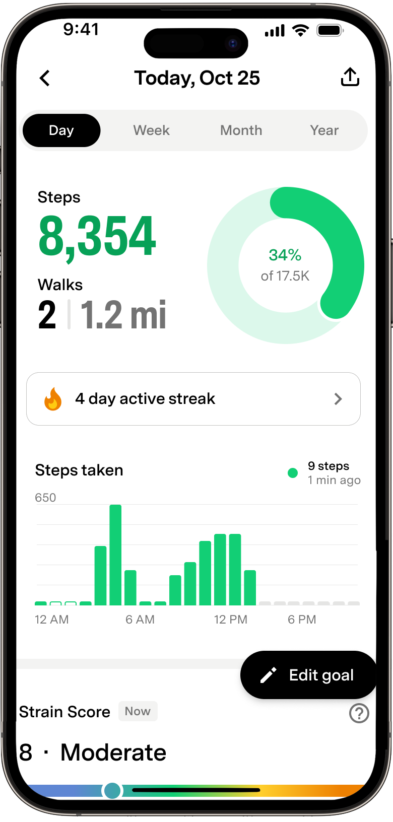 Pagina Activiteitsoverzicht in de Fi App met gedetailleerde inzichten in stappen en wandelingen