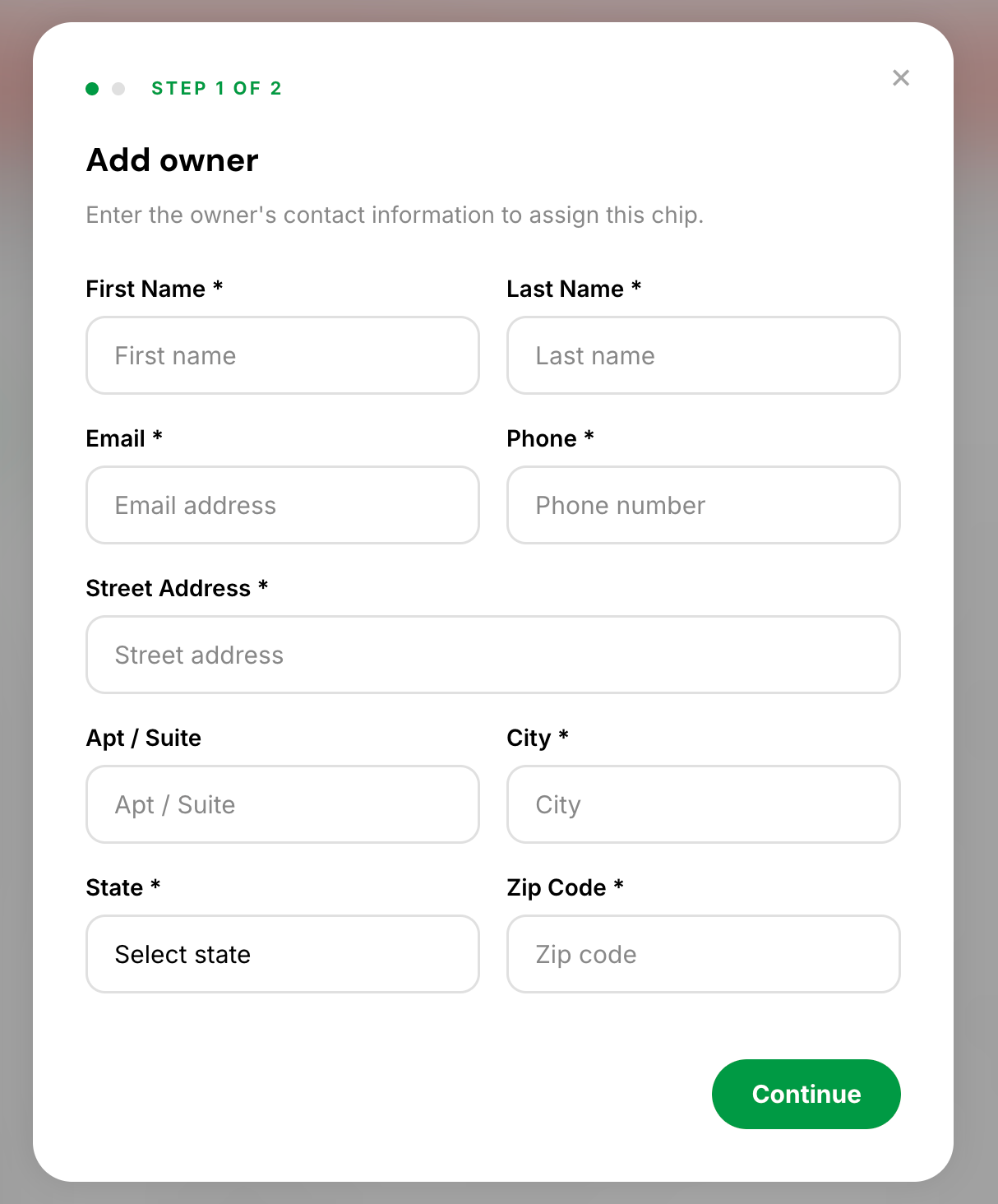 Fi Rescue Portal Add Owner form showing fields for name, email, phone, and address