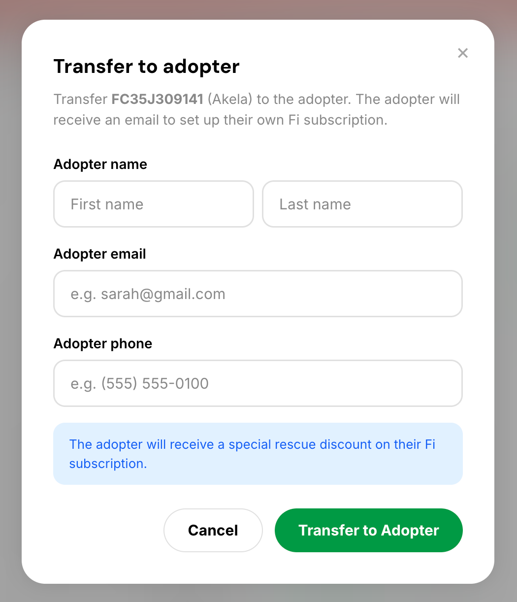Transfer to Adopter form in Rescue Portal